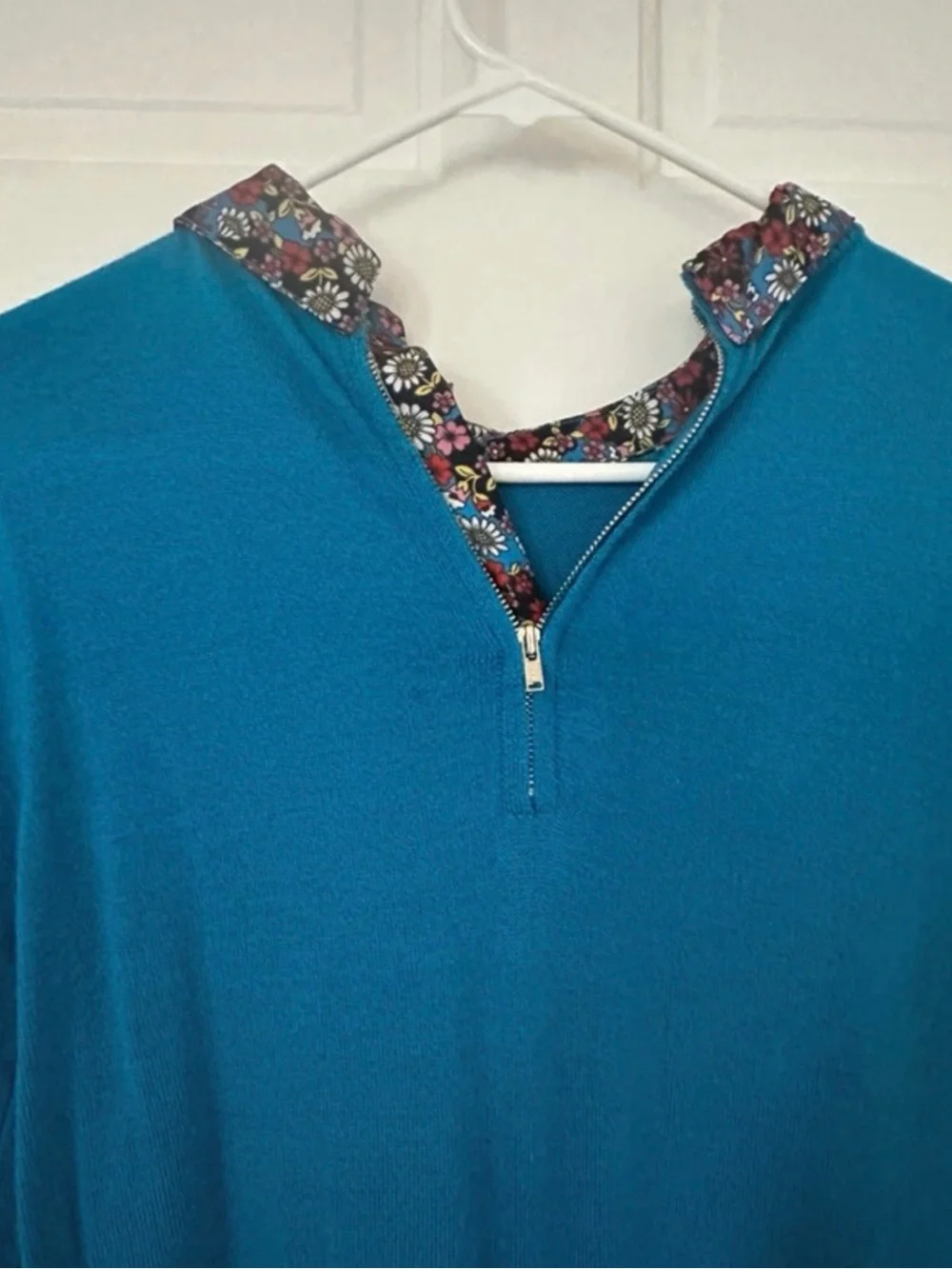 Teal Long-Sleeve Fit & Flare Dress with Floral Trim